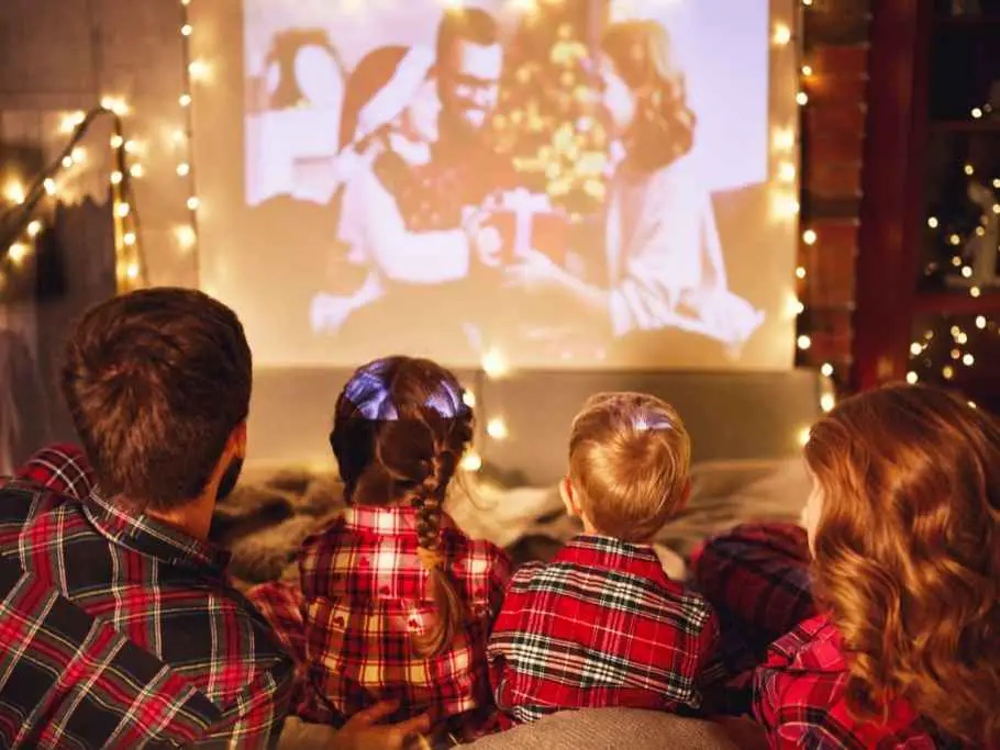 family watching projector